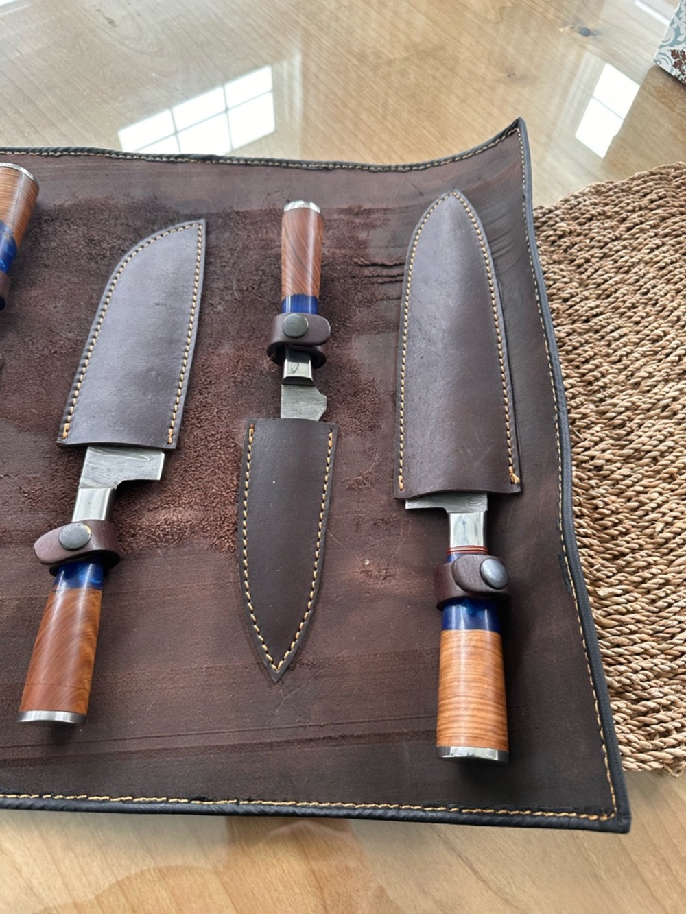 Handmade Leather Knife Roll with Set of 7 Wood-Handled Knives - Picture 6 of 15